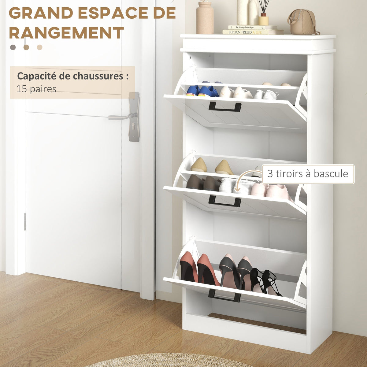The white three-tier shoe storage cabinet with all three drawers open showing capacity for 15 pairs of shoes