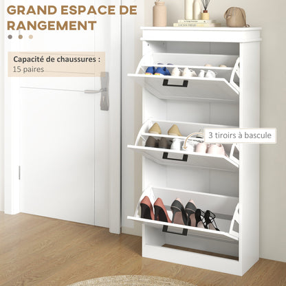 The white three-tier shoe storage cabinet with all three drawers open showing capacity for 15 pairs of shoes