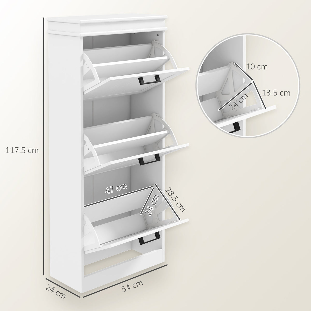 Dimensions of the white three-tier shoe storage cabinet with drawers open showing internal space