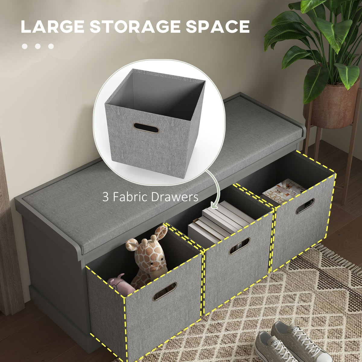 The three-drawer shoe storage bench with its drawers pulled out to show the large storage space inside
