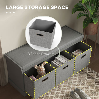The three-drawer shoe storage bench with its drawers pulled out to show the large storage space inside