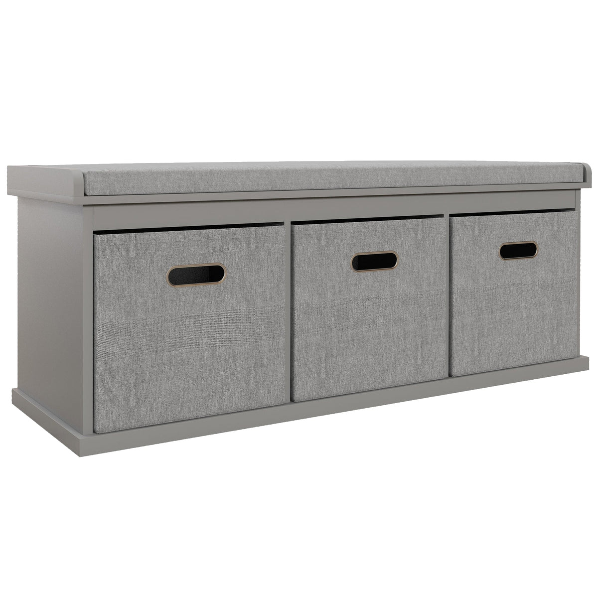 HOMCOM Three-Drawer Shoe Storage Bench with a padded grey top seat and three grey fabric drawers below