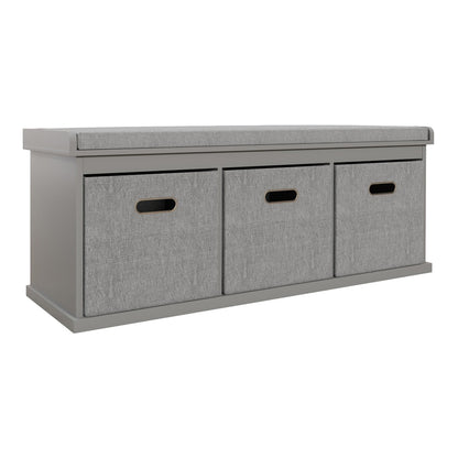 HOMCOM Three-Drawer Shoe Storage Bench with a padded grey top seat and three grey fabric drawers below