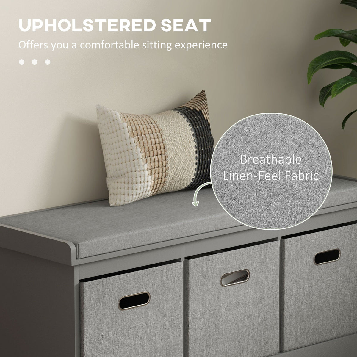 Close-up of the padded top seat of the shoe storage bench, highlighting its breathable linen-feel fabric