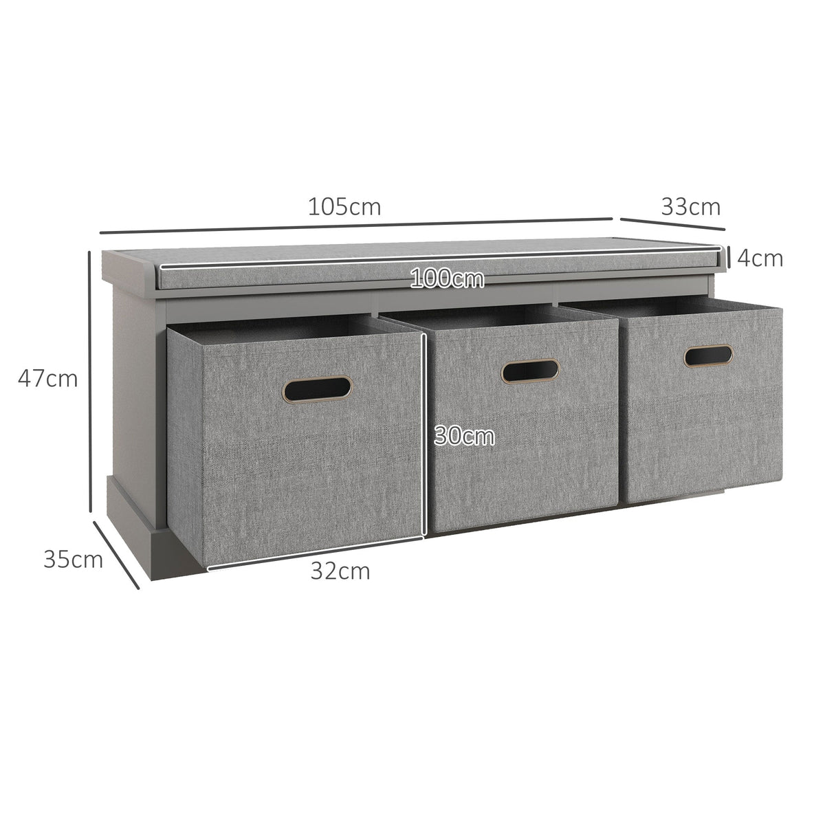 A diagram showing the dimensions of the three-drawer shoe storage bench