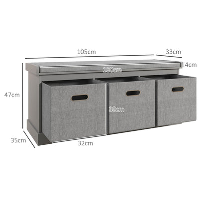 A diagram showing the dimensions of the three-drawer shoe storage bench