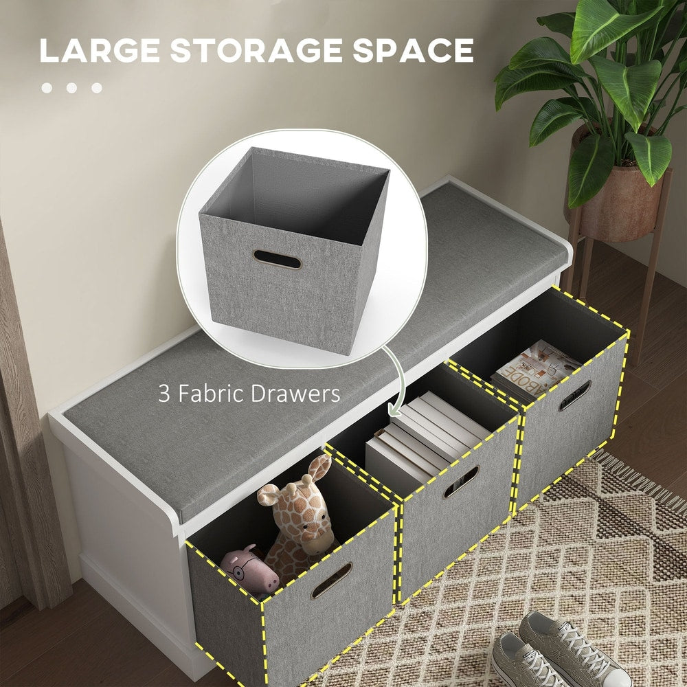 The three fabric drawers of the shoe storage bench are shown open, revealing storage space inside