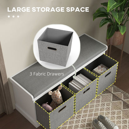 The three fabric drawers of the shoe storage bench are shown open, revealing storage space inside