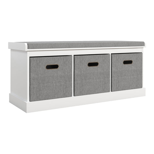 HOMCOM Three-Drawer Shoe Storage Bench with a padded white top seat and three grey fabric drawers below