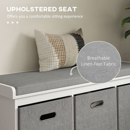 Close up of the padded seat on the shoe storage bench, highlighting its comfortable fabric