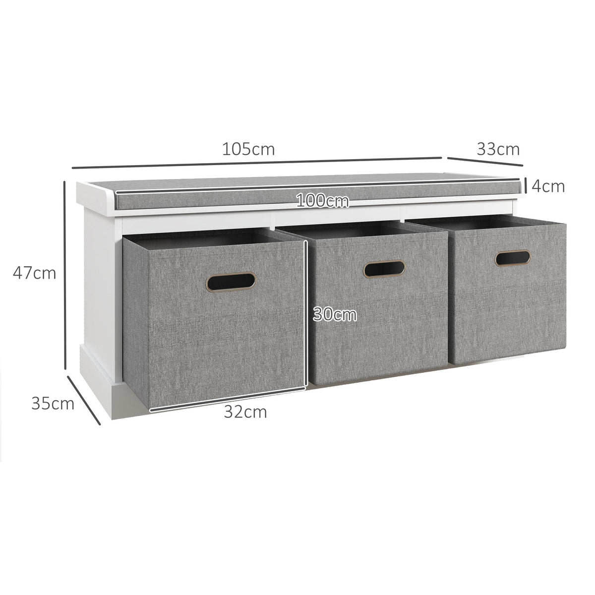 This shoe storage bench has dimensions shown for its width, height, and depth