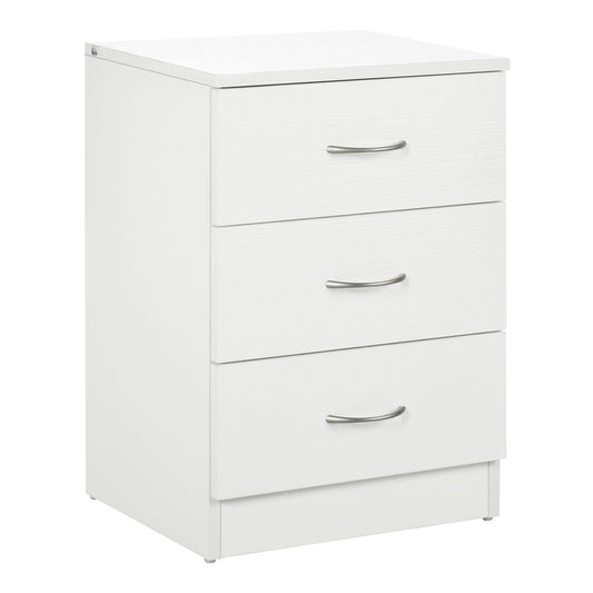 HOMCOM Three-Drawer Simple Bedside Table in white with three drawers and silver handles