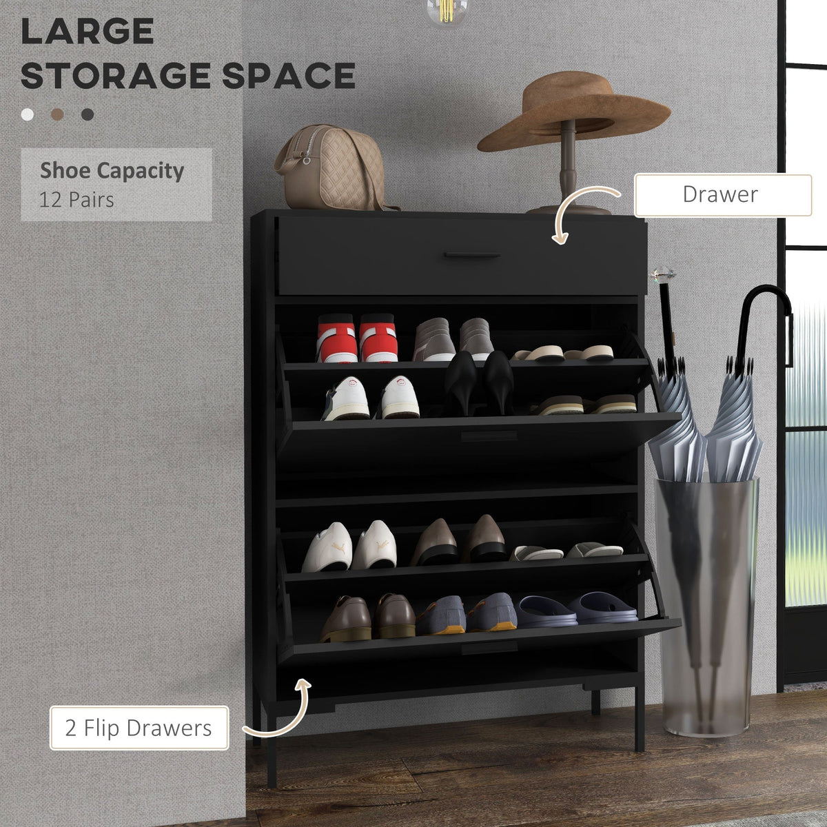 The shoe storage cabinet with the top drawer and two flip-down compartments open