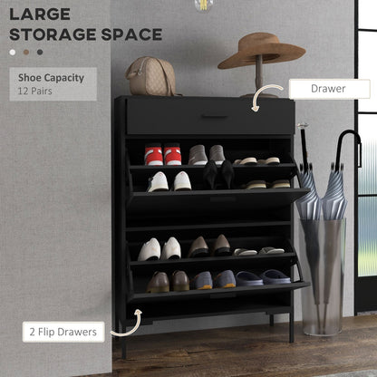 The shoe storage cabinet with the top drawer and two flip-down compartments open