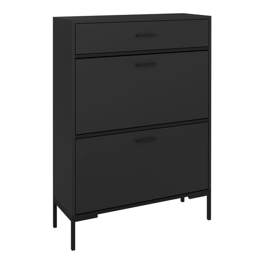 HOMCOM Three Drawer Slim Shoe Storage Cabinet in black with a top drawer and two flip-down doors