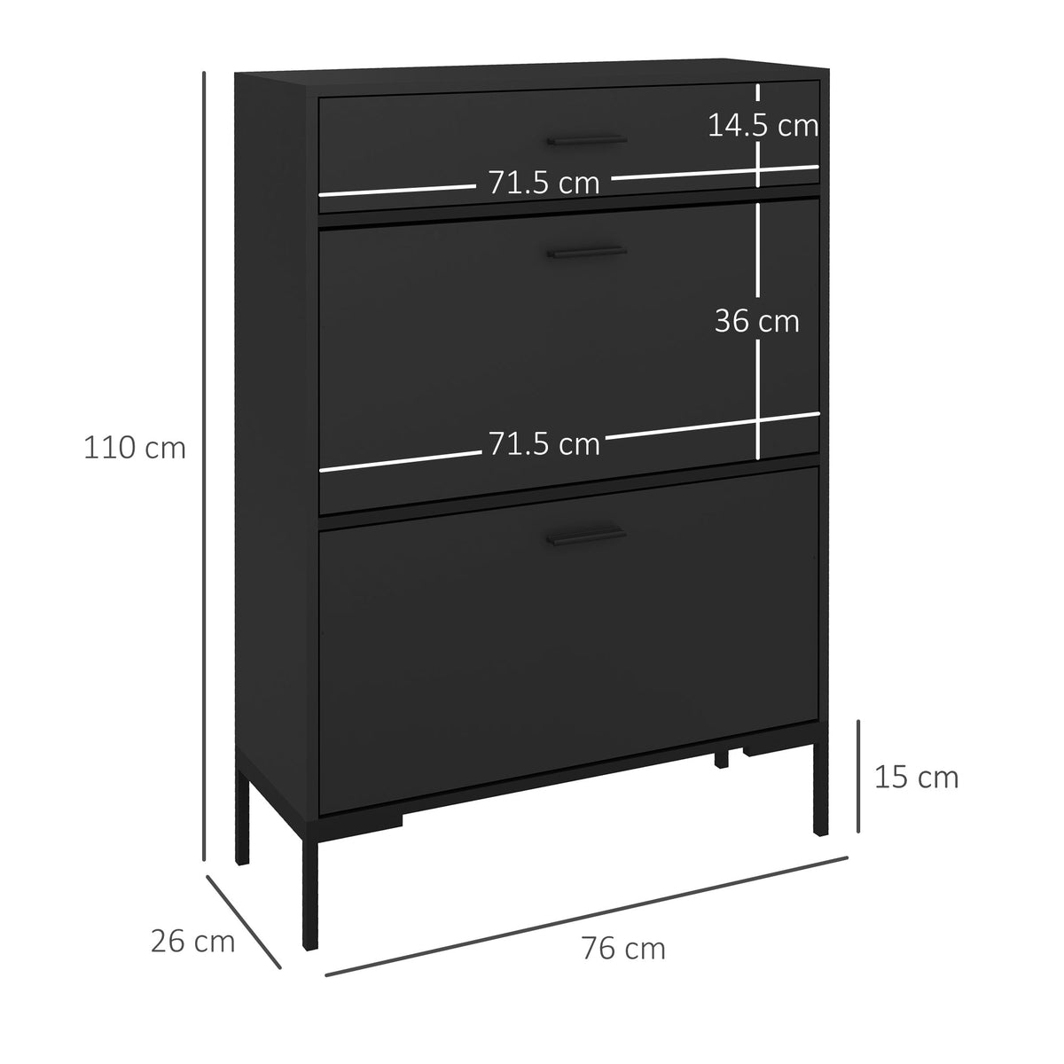 The shoe storage cabinet showing the external dimensions with white lines and text