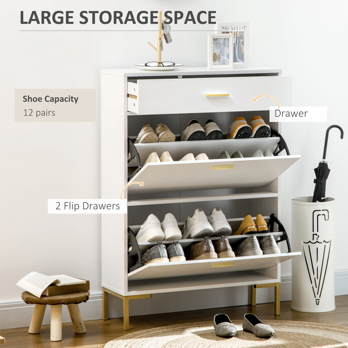 White shoe storage cabinet with three drawers open showing shoe capacity