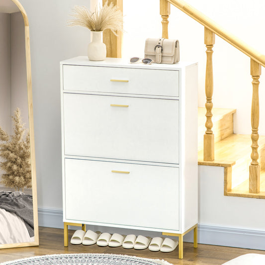 White shoe storage cabinet with three drawers and gold legs in a hallway setting