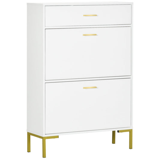 HOMCOM Three Drawer Slim Shoe Storage Cabinet in white with gold legs and three drawers