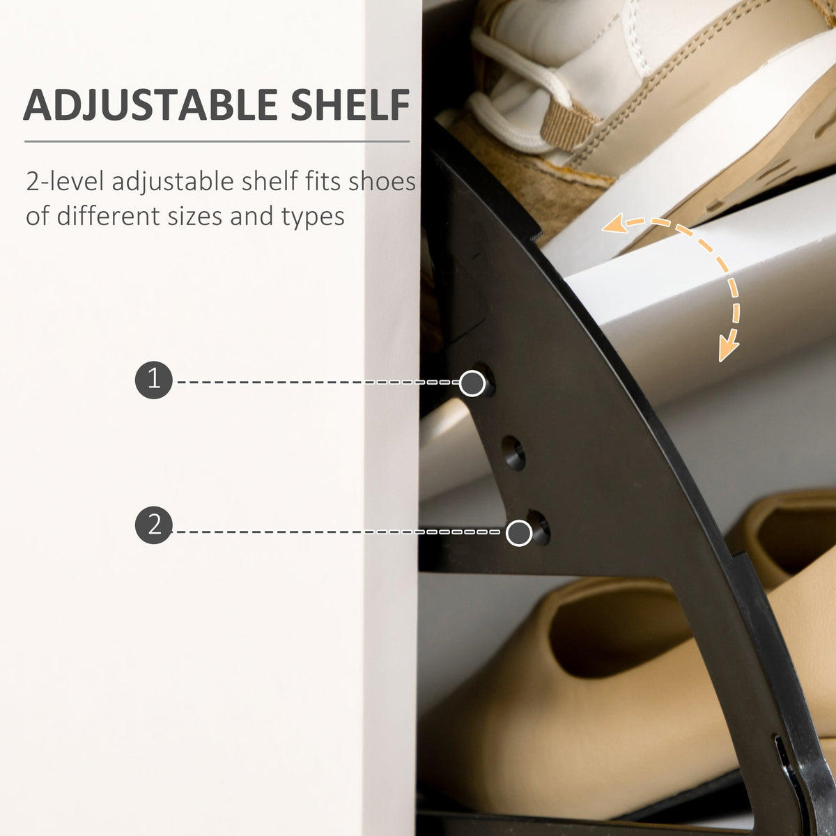 Close up of the adjustable shelf inside the white shoe storage cabinet