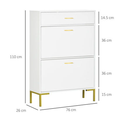 White shoe storage cabinet with gold legs showing dimensions