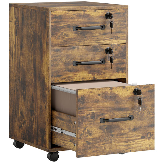 HOMCOM Three Drawer Wood-Effect Filing Cabinet with three drawers and wheels