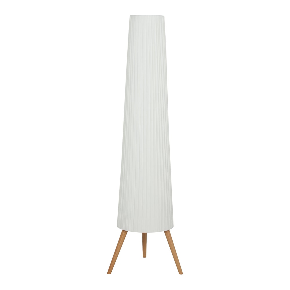 HOMCOM Three-Level Tripod Floor Lamp with a tall white ribbed shade and three wooden legs