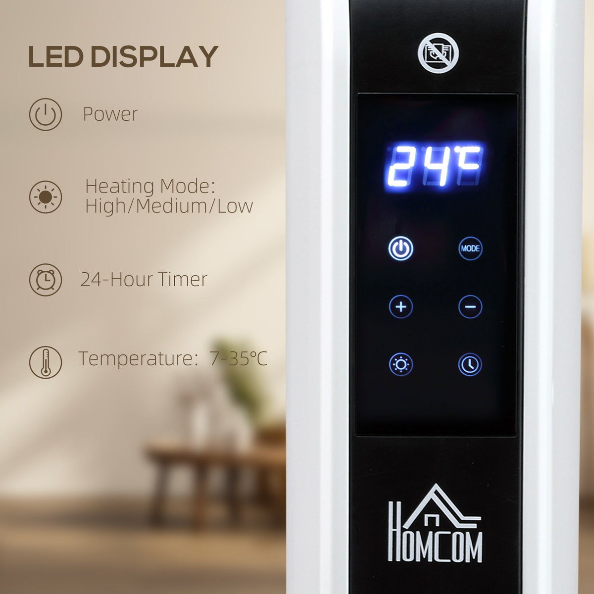 Close up of the LED display showing temperature and heating mode controls on the electric heater