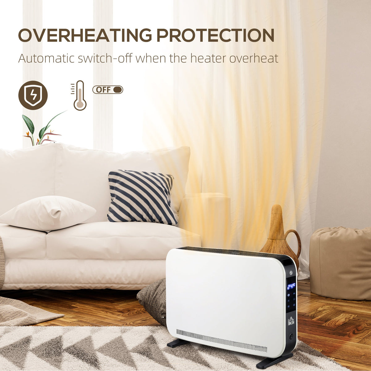The slimline heater is shown in a room with text overlay about overheating protection