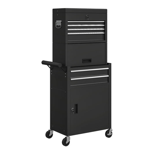 HOMCOM Three-Part Steel Locking Tool Chest in black, a tall unit with drawers and a cabinet
