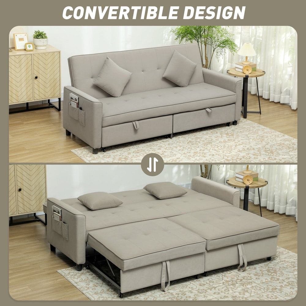 The beige sofa bed shown in its sofa form and its bed form, illustrating its convertible design