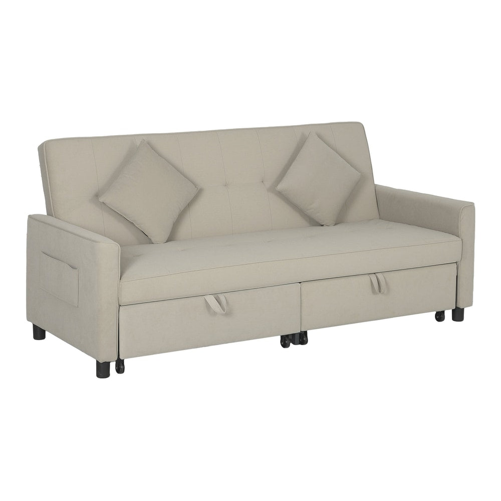 HOMCOM Three-Person Velvet-Feel Sofa Bed in beige, shown as a sofa with two cushions and storage drawers