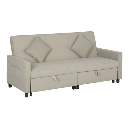 HOMCOM Three-Person Velvet-Feel Sofa Bed in beige, shown as a sofa with two cushions and storage drawers
