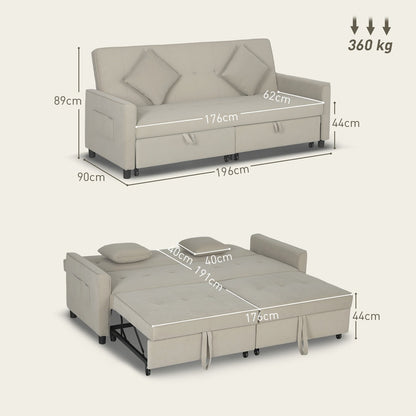 Dimensions diagram of the beige three-person sofa bed in sofa and bed configurations