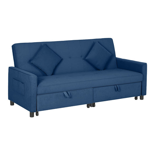 HOMCOM Three-Person Velvet-Feel Sofa Bed in blue, a compact sofa with two cushions and storage drawers