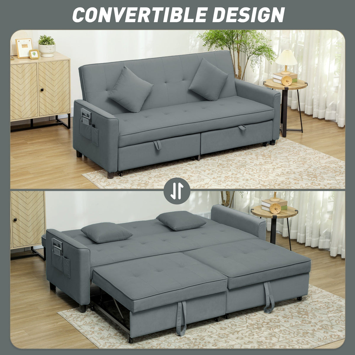 The grey sofa bed demonstrating the convertible design from upright to flat position