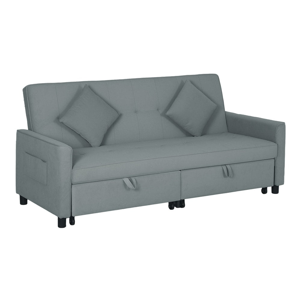 HOMCOM Three-Person Velvet-Feel Sofa Bed in grey with two matching cushions and storage drawers