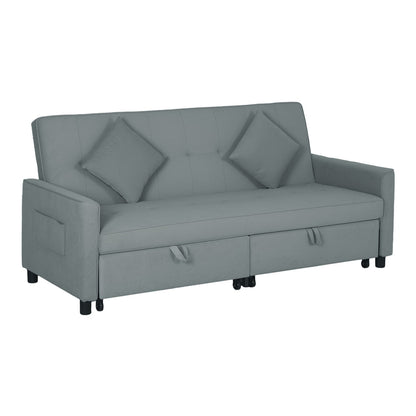 HOMCOM Three-Person Velvet-Feel Sofa Bed in grey with two matching cushions and storage drawers