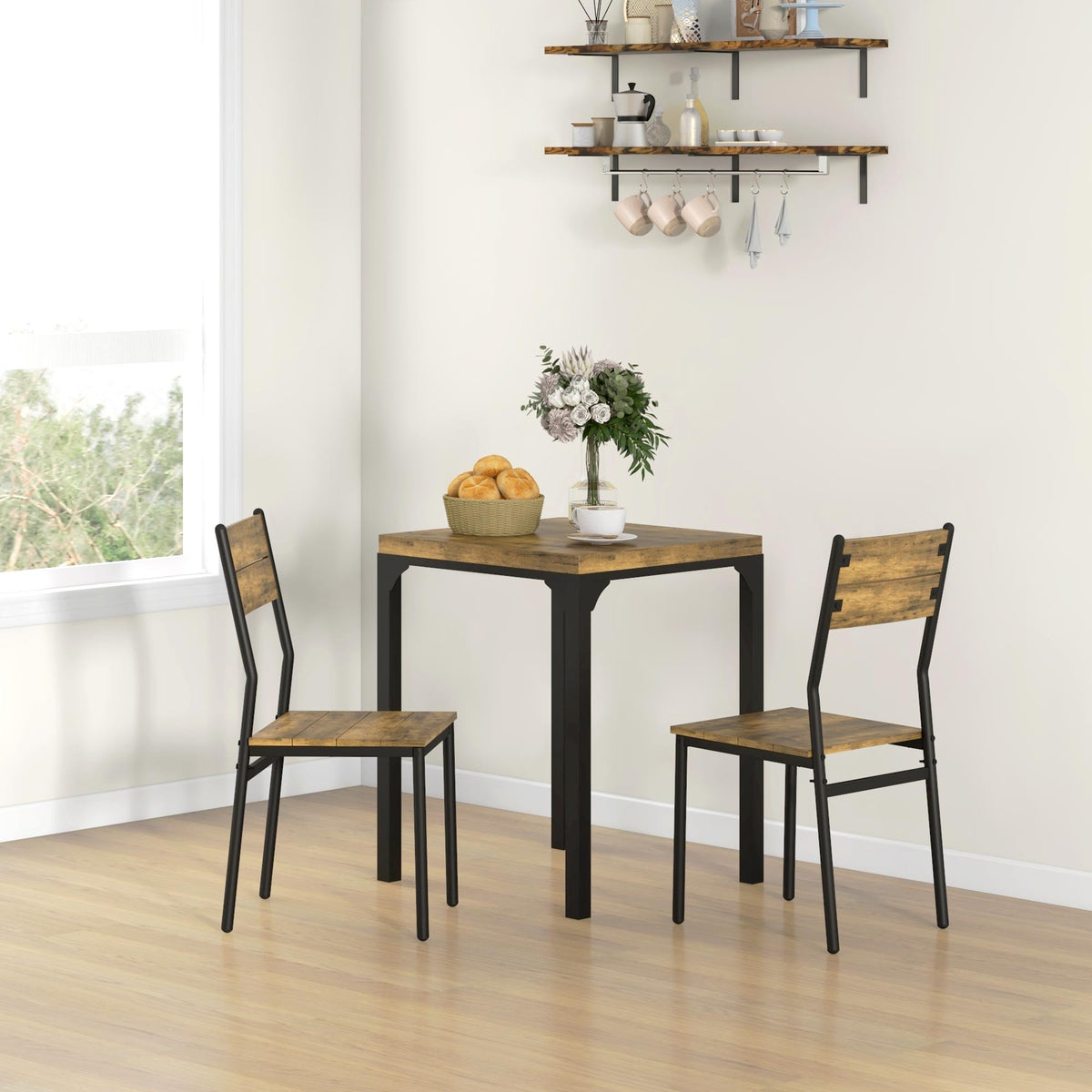 the dining set placed in a bright room with a vase and bowl of bread on the table
