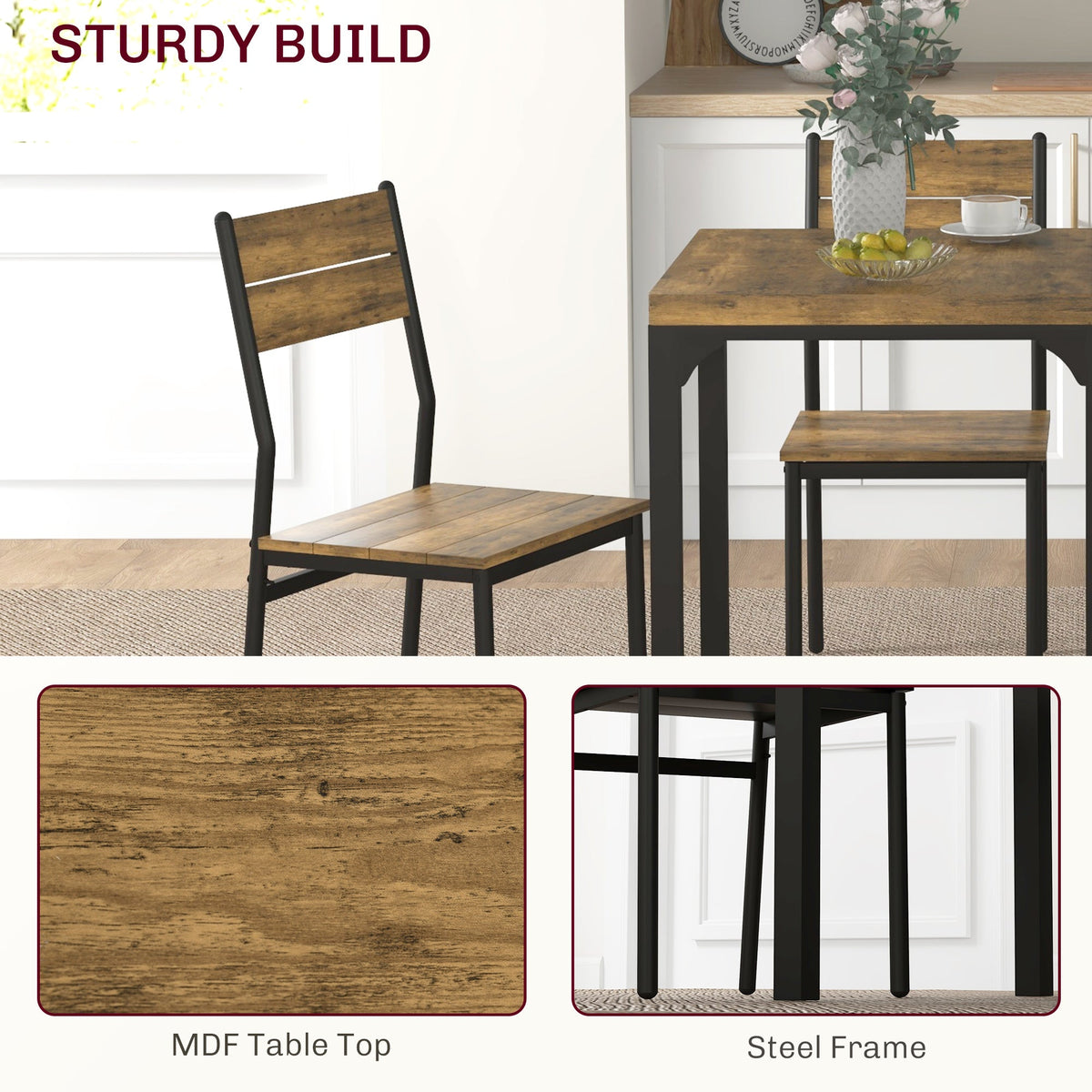 the dining furniture showing close-up details of the wood grain top and metal frame