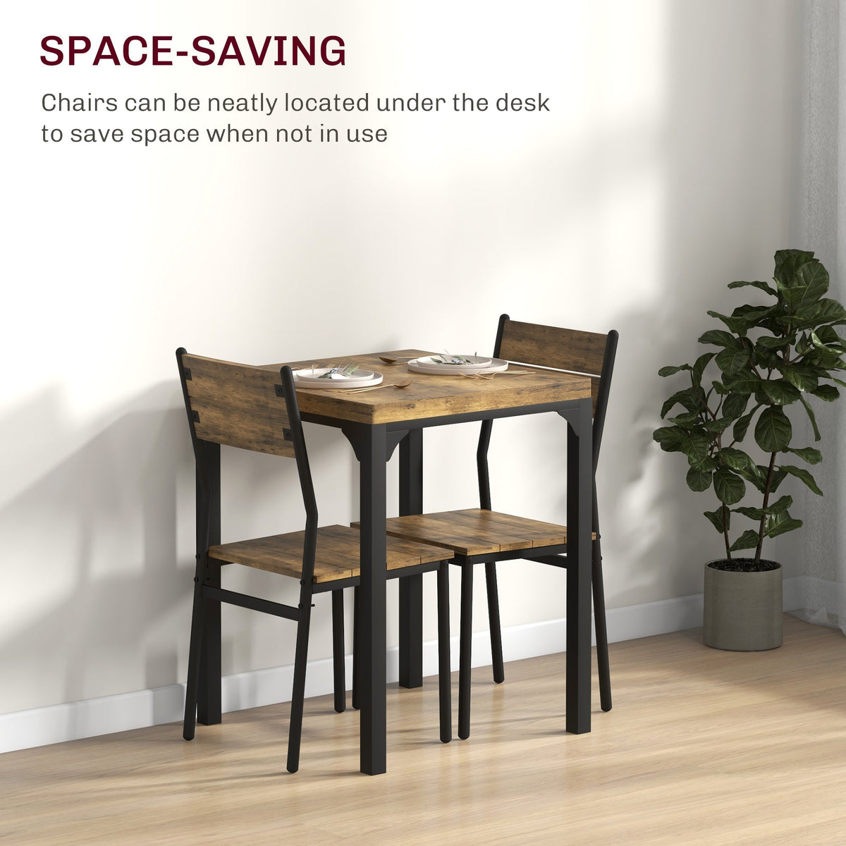 the dining set with chairs tucked under the table to save space in a living area
