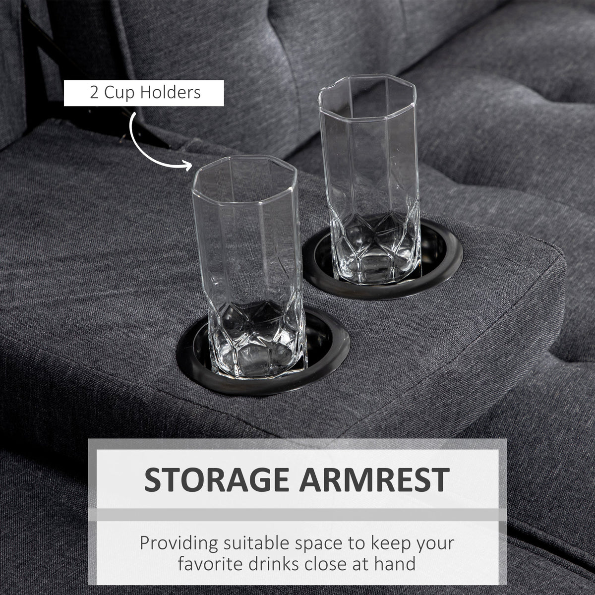Close up of two cup holders integrated into the armrest of the sofa bed