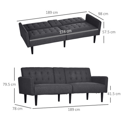 Diagram showing the dimensions of the grey three-seater sofa bed