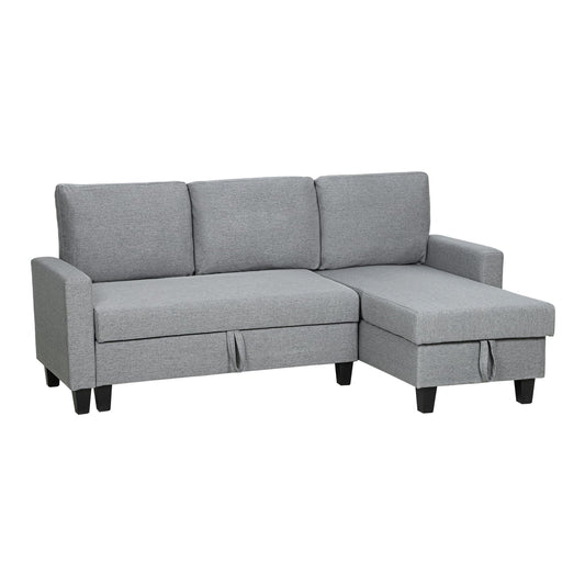 HOMCOM Three-Seater Storage Sofa Bed in grey fabric, a left-hand facing chaise with storage