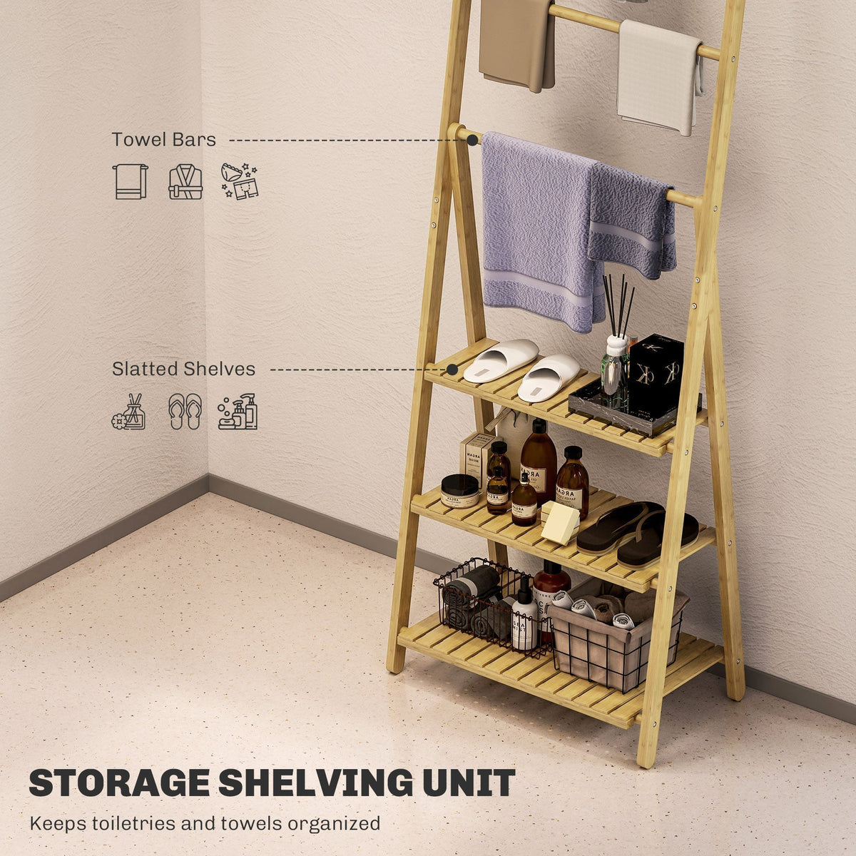 Close up of the bamboo storage unit showing slatted shelves and towel bars