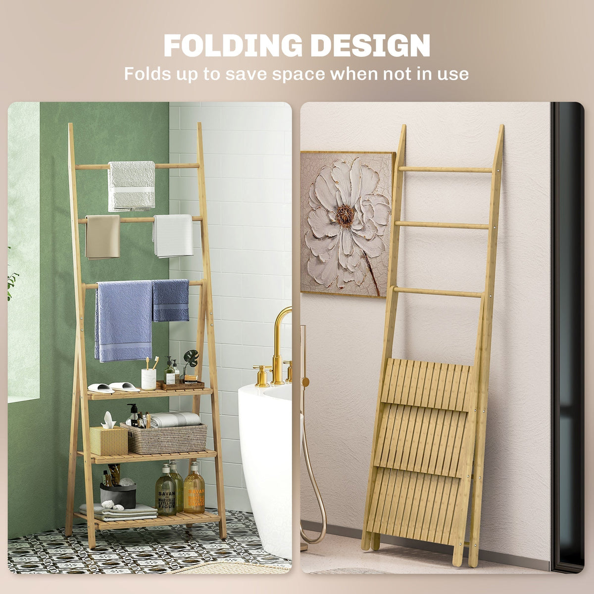 Bamboo storage unit shown assembled and folded flat for storage