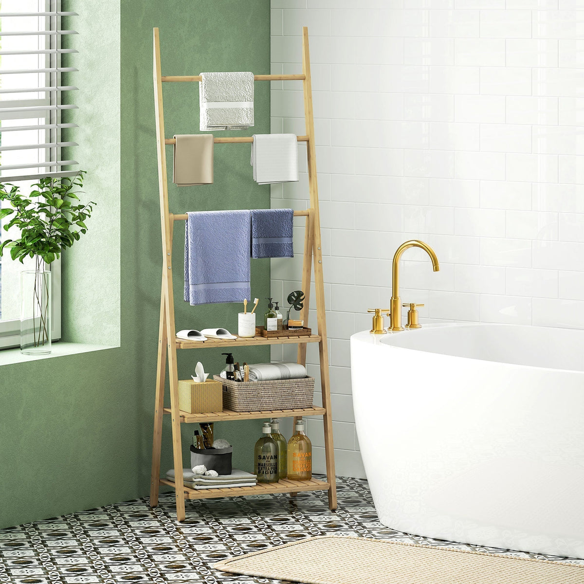 Bamboo storage unit with towel racks in a bathroom setting next to a bathtub