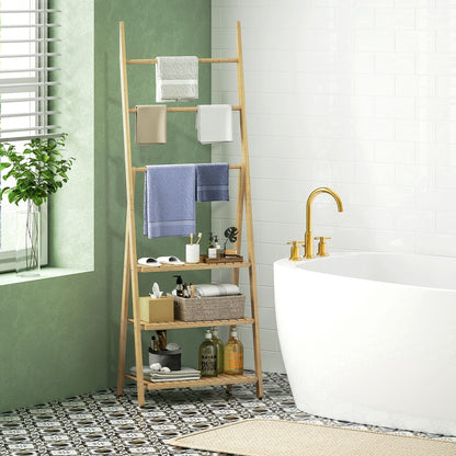 Bamboo storage unit with towel racks in a bathroom setting next to a bathtub