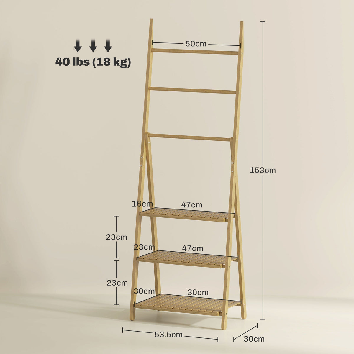 Bamboo storage unit with dimensions labelled for height, width and shelf depth