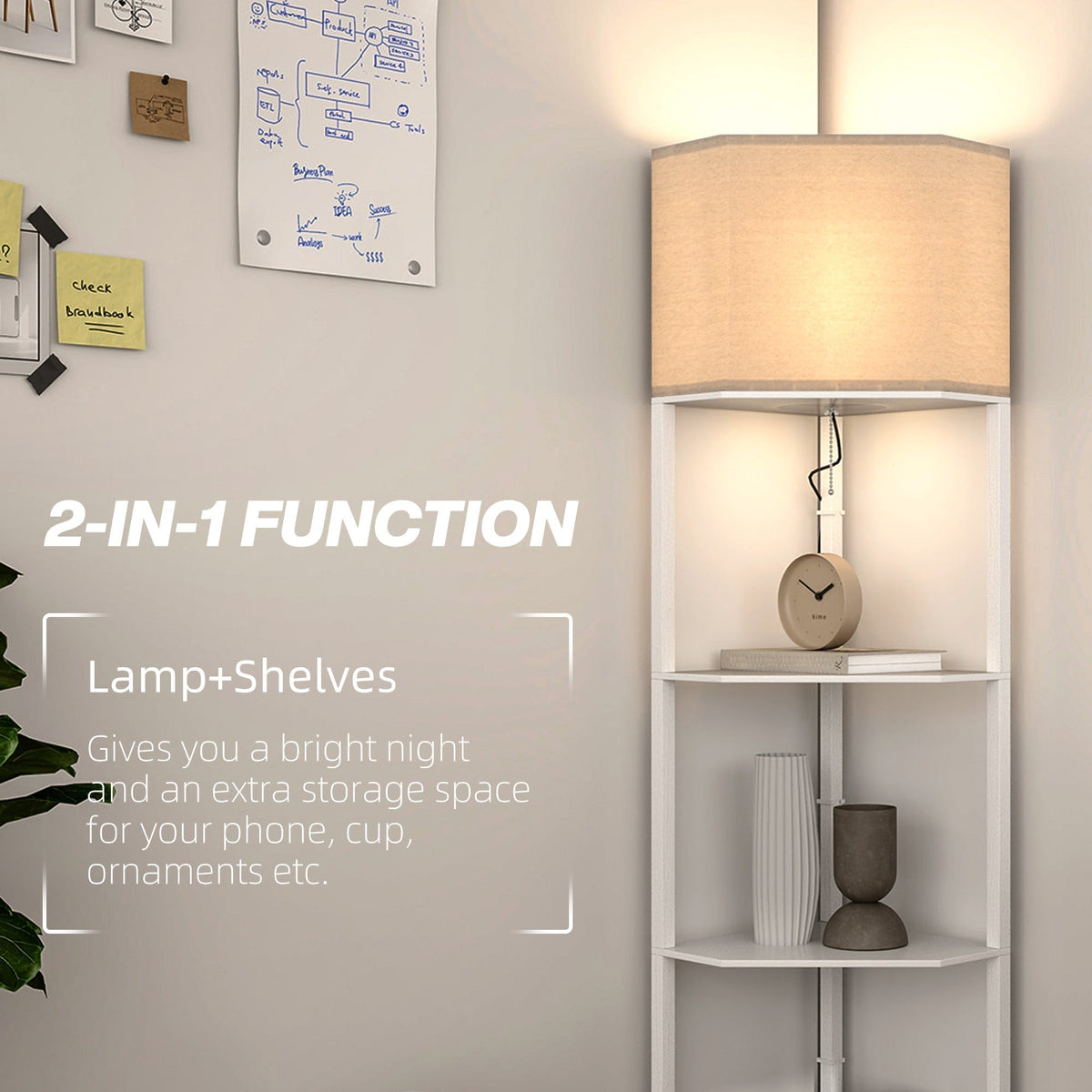 The corner floor lamp with shelves shows its dual function of lighting and storage